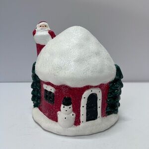 Ceramic Santa Christmas House Figurine – Red Cabin with Snowman & Glitter Roof